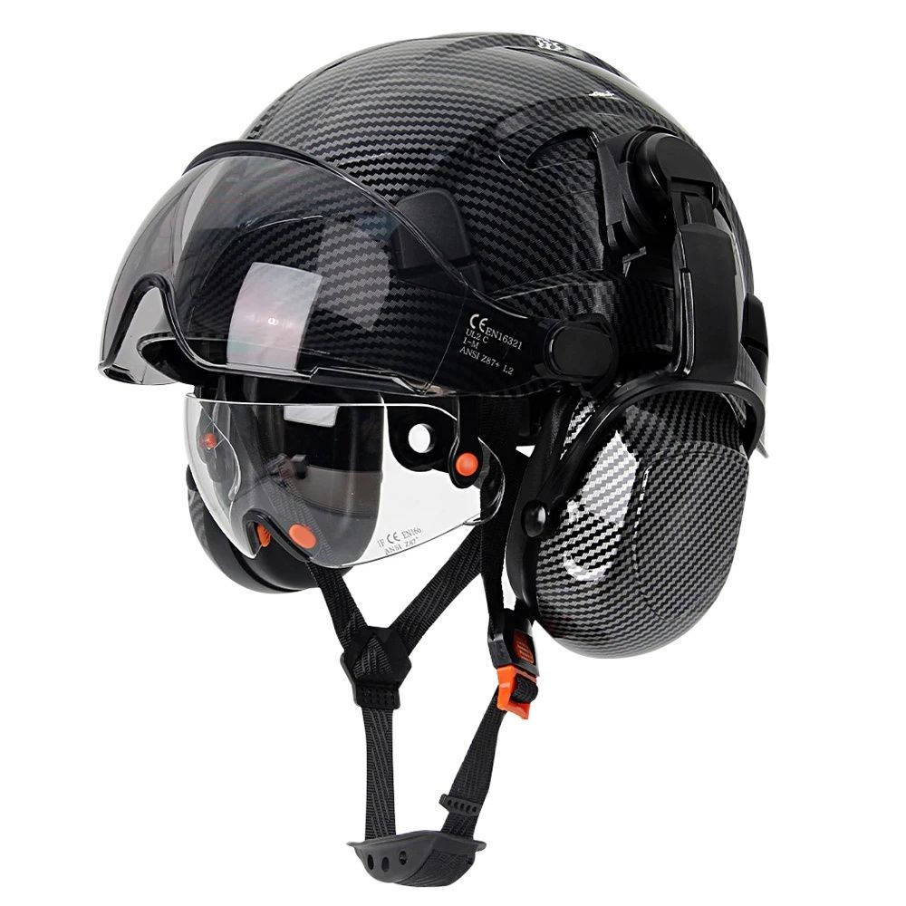 CE カーボンファイバー安全ヘルメット w/イヤーマフダブルゴーグル ABS 建設ヘルメットエンジニア高品質ワークキャップ ANSI