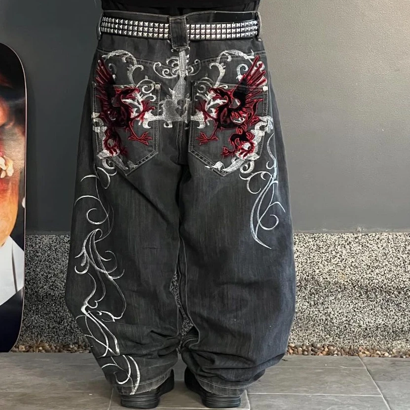 ストリート Y2K ゴシックデニムパンツ原宿パンク恐竜刺繍ウォッシュジーンズヒップホップワイド脚特大ジーンズメンズレディース