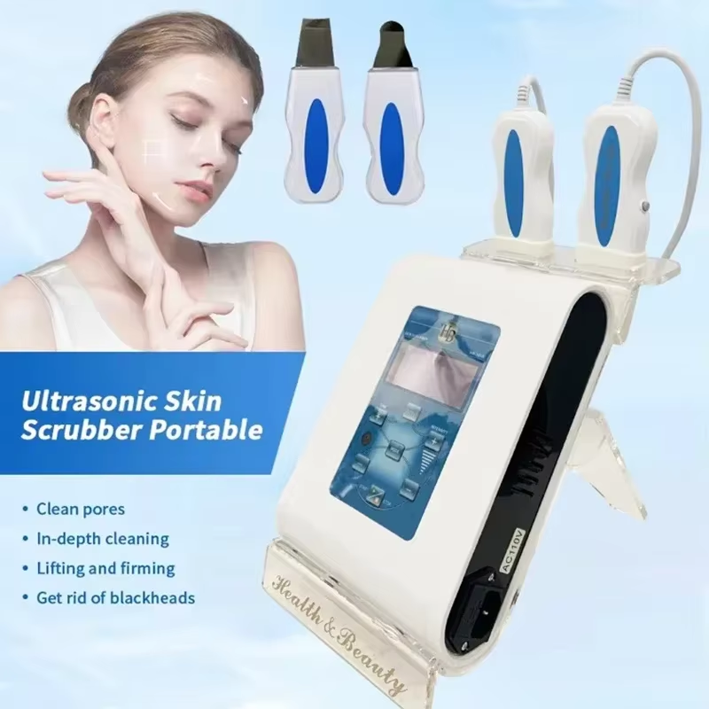 Professional Portable Double Ultrasonic Ultrasound Skin Scrubber Facial Cleaner for Deep Skin Care Peeling Device