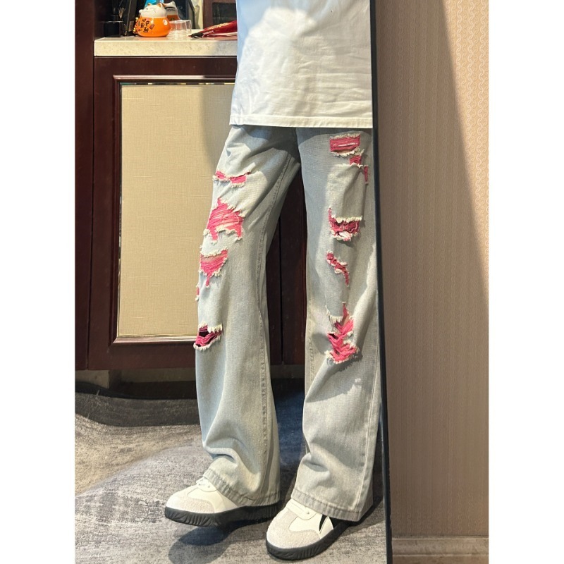 ハイストリート破壊破れたジーンズ男性ストリートだぶだぶストレートワイドレッグデニムパンツ男のパンツ