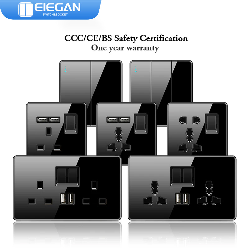 ELEGAN UK ソケット ブラック 16A/20A/45A フルガラス壁スイッチ USB タイプ C 強化クリスタルパネルコンセントホームセンター