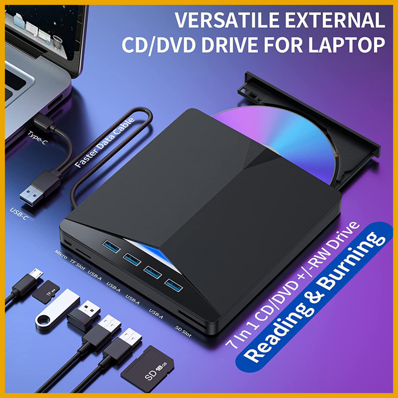 新しい DVD プレーヤー高速データ転送 7-in-1 光学ドライブ USB 3.0 Type-c 外部 CD RW SD TF カードレコーダーリーダープレーヤー