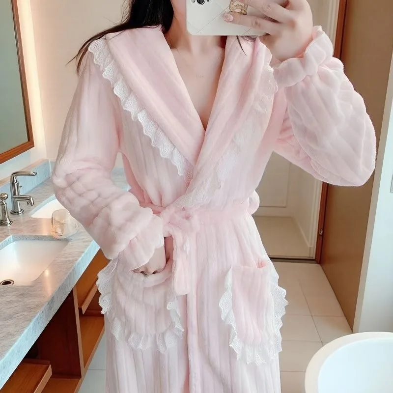 ローブ女性用パジャマ暖かいフリースパジャマワンピースネグリジェ冬寝間着ナイトウェアレースベルト固体睡眠ホームウェア