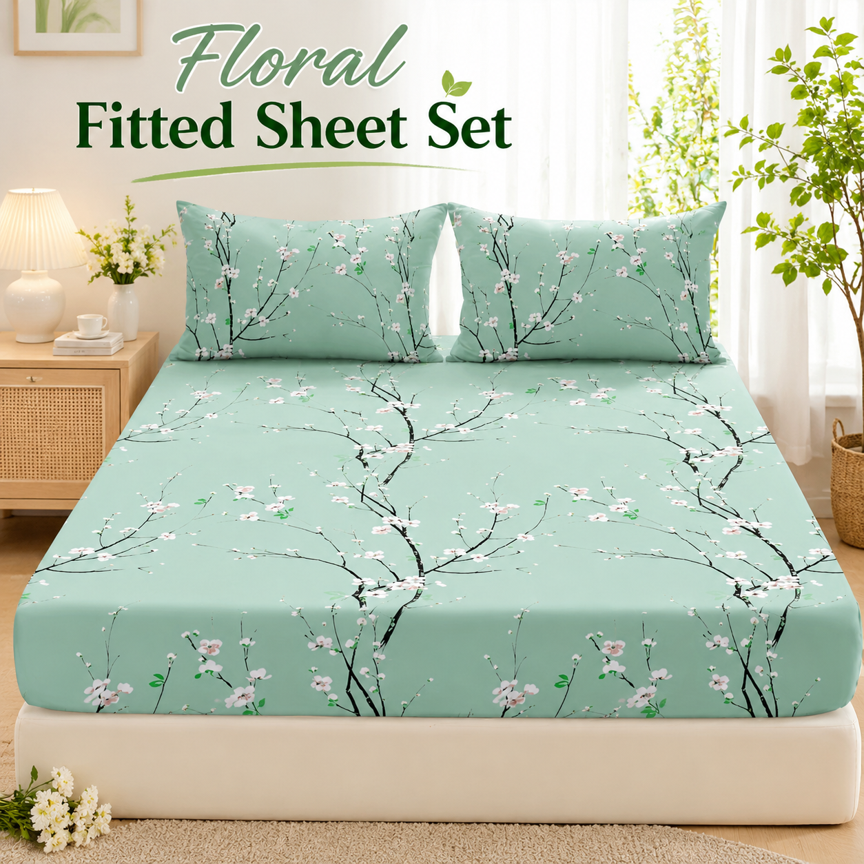3Pcs Floral Fitted Sheet Set Soft Blossom Bed Sheet with 2 Pillowcases Deep Pocket Printed Bedding for Twin Full Queen King