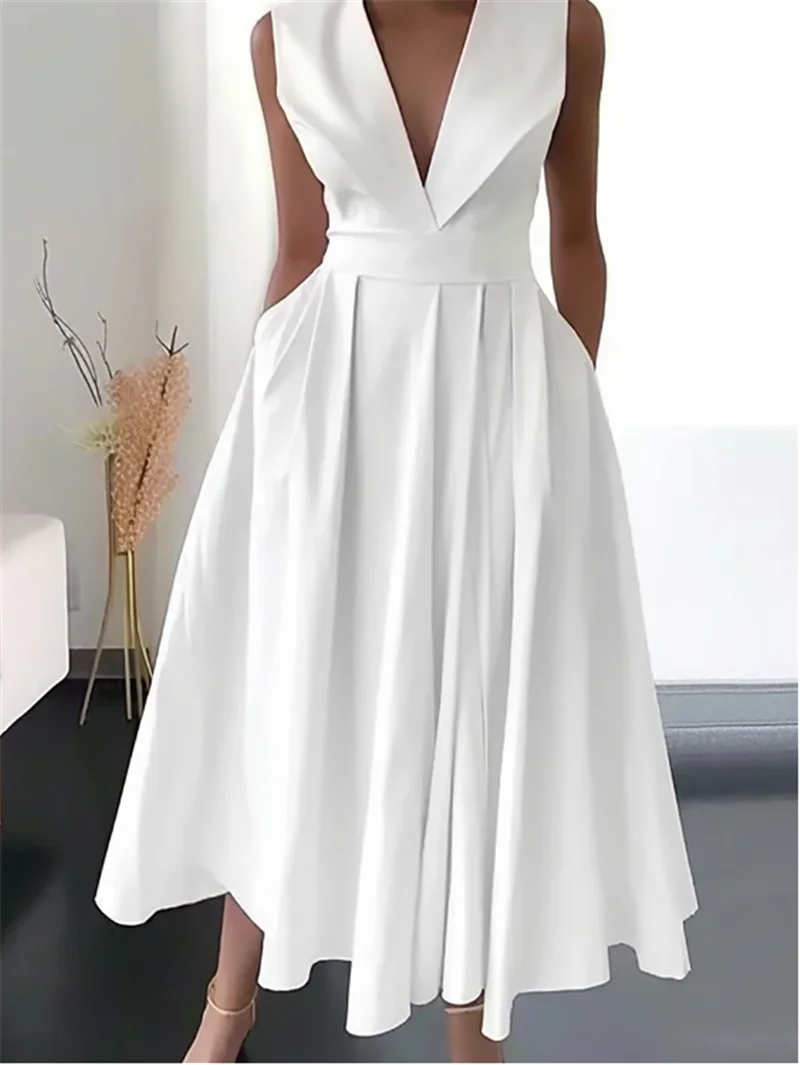 DSMTRC ノースリーブ V ネックポケットソリッドレディパーティーカジュアル服 Vestidos 夏エレガントな A ラインプリーツミディドレス女性のための