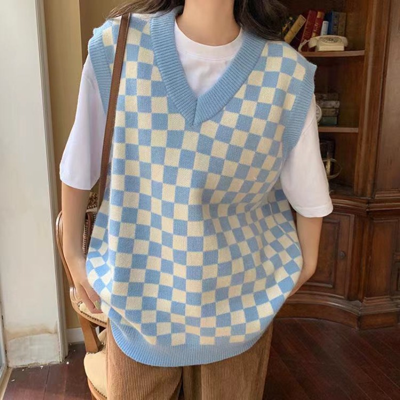 チェック柄ニットベスト女性のための暖かいカジュアル若々しい服衣類チョッキトレンド 2025 提供ウール Y2k プラスサイズの女性のセーター