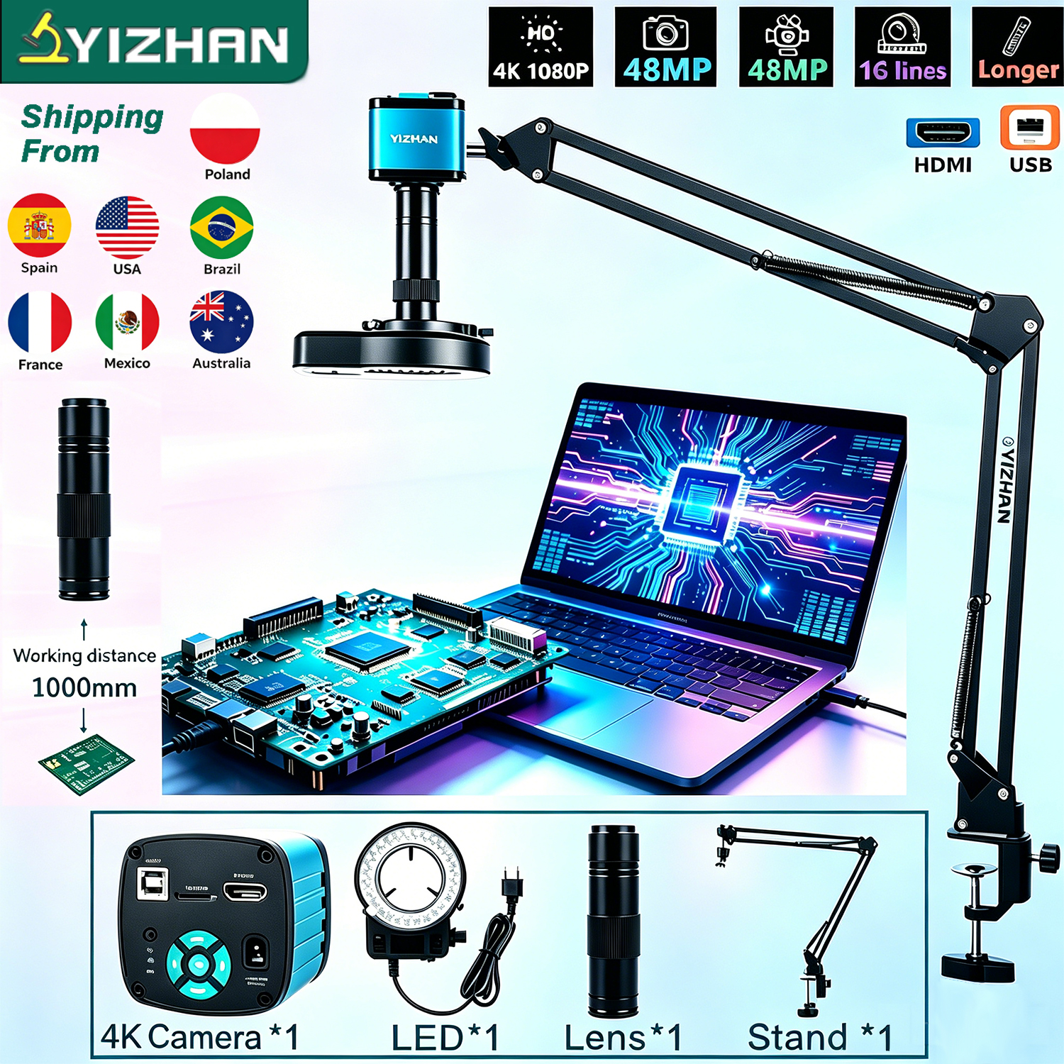 Yizhan 4K HD 電子デジタル顕微鏡はんだ付け用 HDMI/USB/VGA/顕微鏡カメラ 150X レンズビッグビジョン多関節アーム