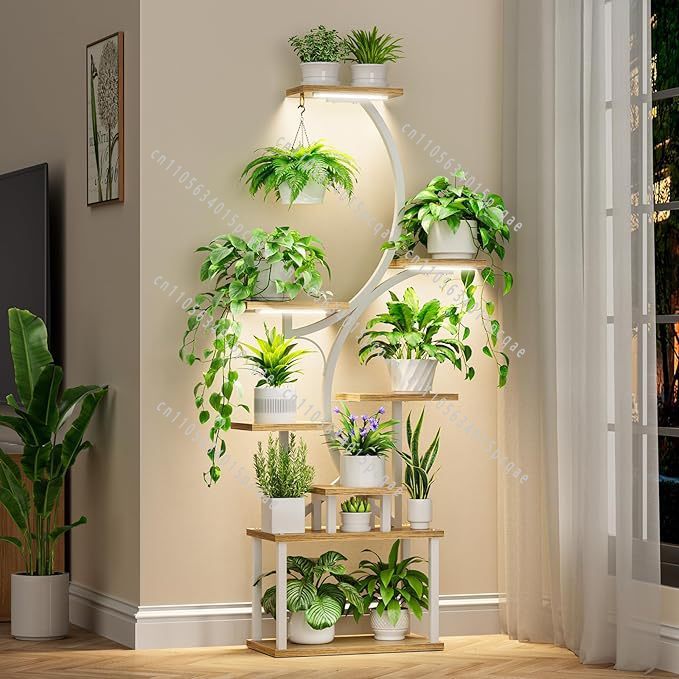 スプライスフラワースタンド、多層鉄と木製ラック植物屋内フラワースタンド、植物ランプ付き、床置き収納ラック