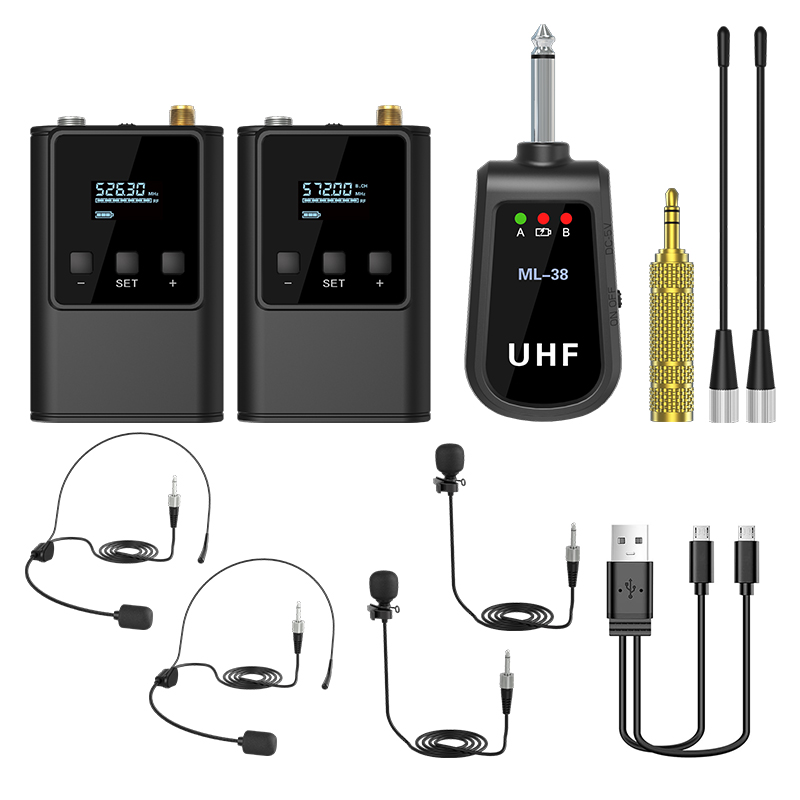 デュアルワイヤレスマイクシステムヘッドセットマイク/スタンドマイク/ラベリアラペルマイク、充電式ボディパック送信機付き