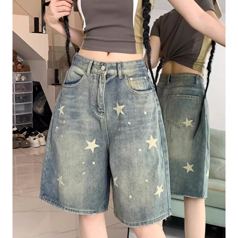 カジュアル花柄ルーズワイドレッグレディースジーンズ新アメリカンレトロスターデザインストレートレッグコンフォートストレッチソフトデニムショーツ