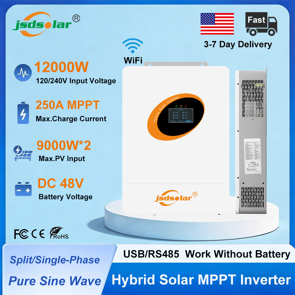 Jsdsolar 12KW 48V ハイブリッドソーラーインバーター 120/240VAC 純粋な正弦波 PV インバーター MPPT 250A 単相分相インバーター WiFi