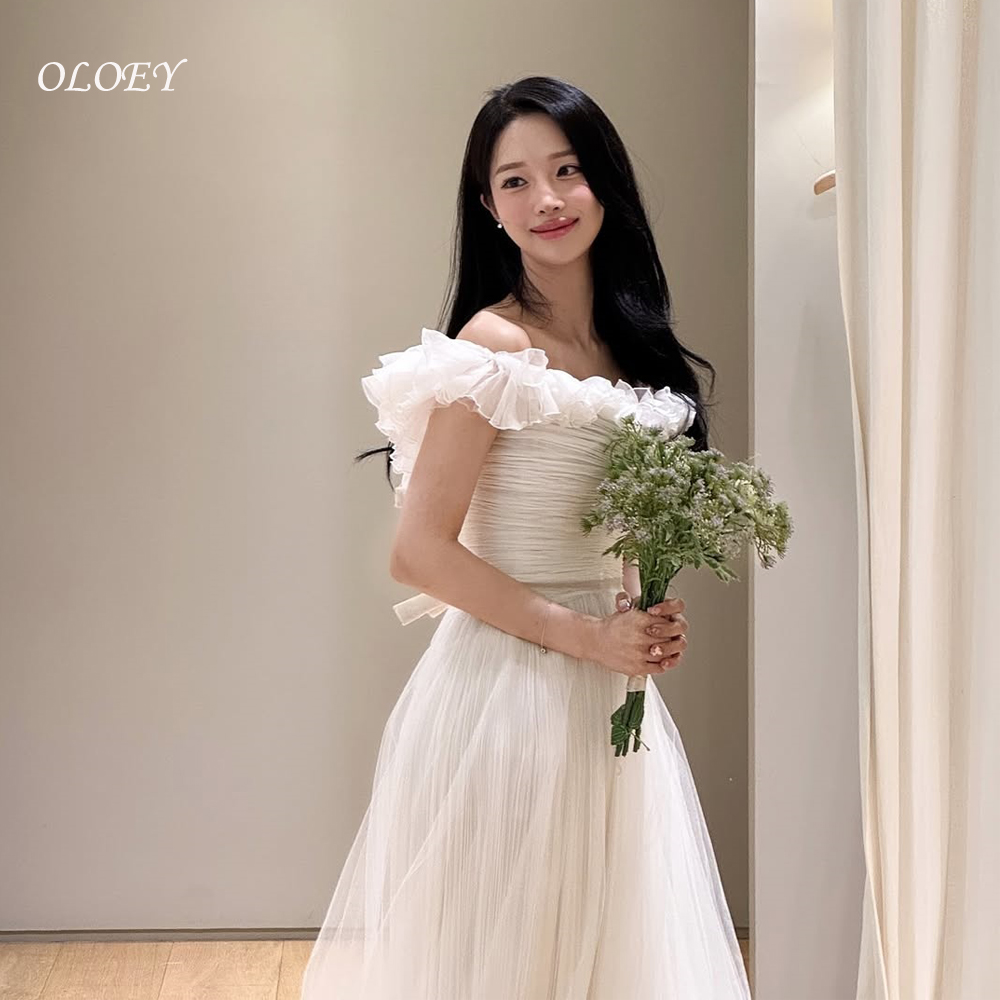 OLOEY シンプルなドットチュール結婚式の写真撮影ドレスオフショルダープリーツ韓国ブライダルドレスフロアレングスコルセット 웨딩드레스 カスタム