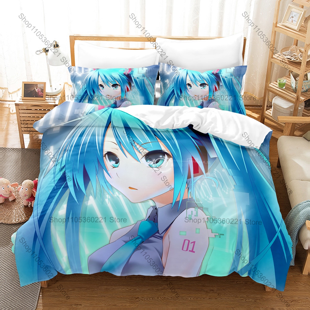 新しいミク-01 3 個寝具セットアニメプリント布団カバー枕カバーベッドシートホームテキスタイルかわいい仮想アイドルティーンアニメファン