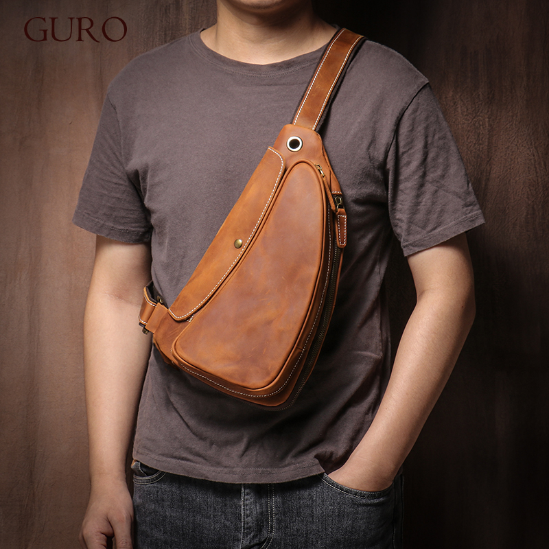 GURO 高品質本革トラベルチェストバッグ男性高級かばんヴィンテージトレンドクロスボディ週末アウトドアスポーツスリングバッグ