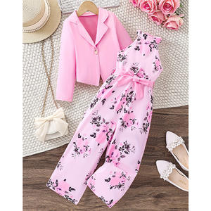 欧米風ガールズ服セット、長袖花柄背中開きロンパース、ピンクセット、ジャケット、子供用ツーピースセット