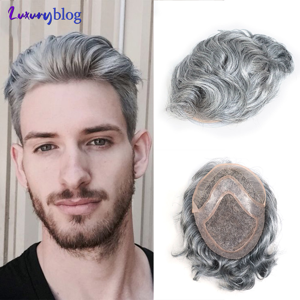 #1B80 Men's Toupee Lace Front Human Hair Prosthesis Wavy Fine Mono Top Hair Piece Double Knot Gray Male Wig System Units