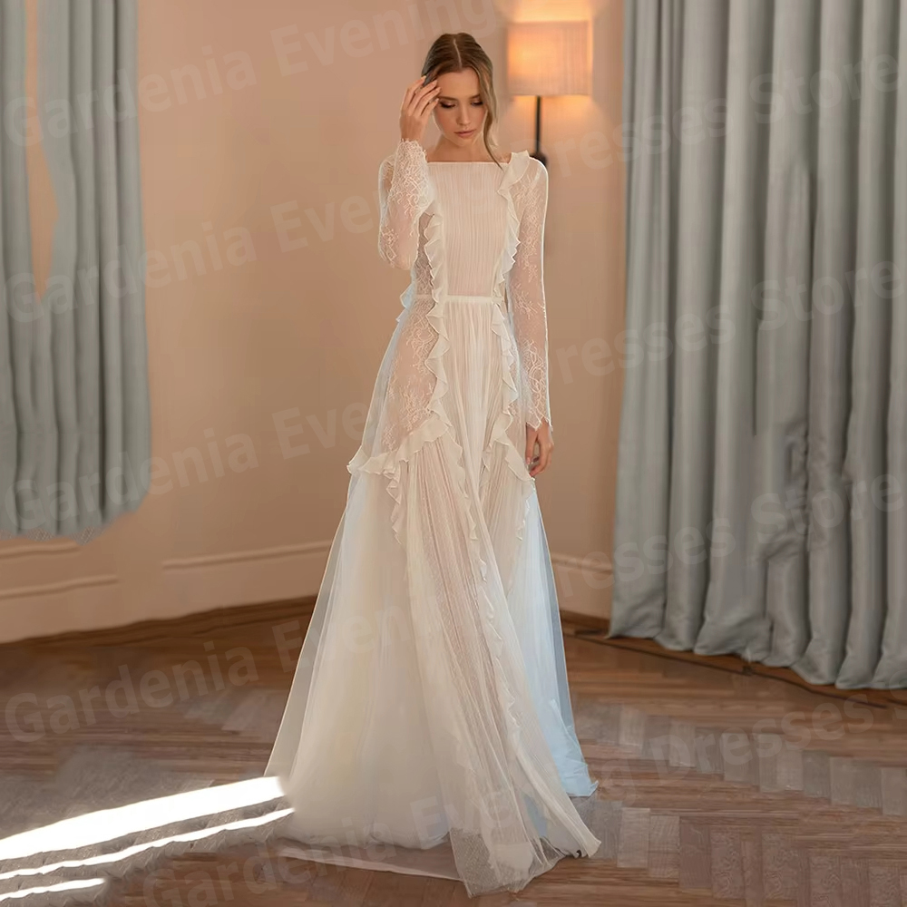 魅力的な A ラインの女性のイブニングドレス長袖ウエディングドレス Vestidos パラ Mujer カスタマイズされたレースフォーマルパーティーローブ · ド · ソワレ
