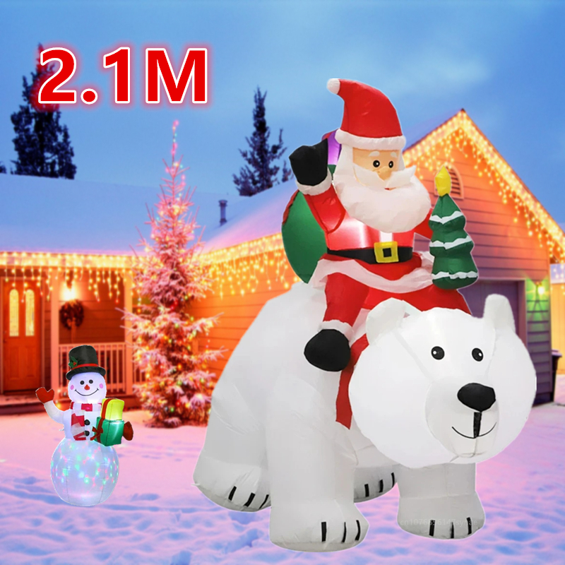サンタクロースはシロクマに乗って2.1M、雪だるまは1.5MのインフレータブルLEDイルミネーションおもちゃ、屋内と屋外のクリスマスの庭の装飾
