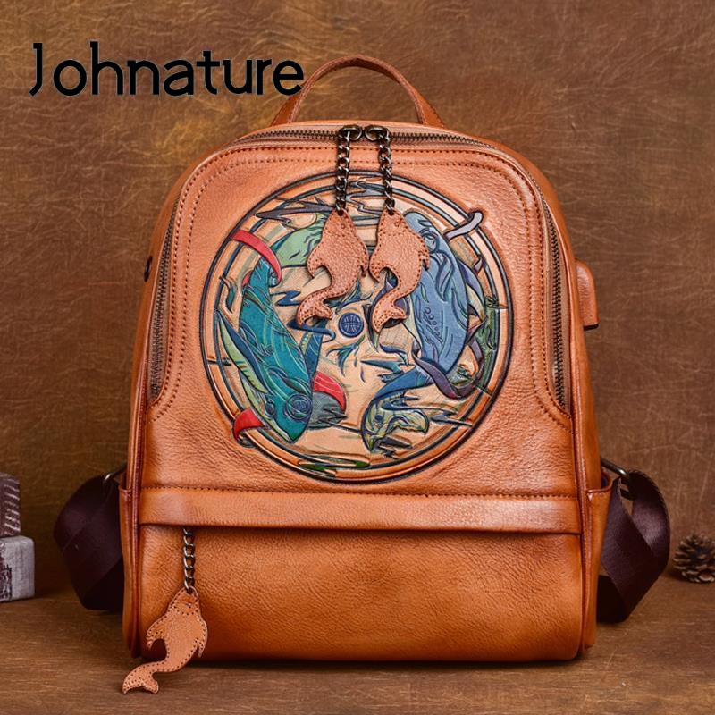 Johnature ヴィンテージ本革バックパック手作りエンボス加工女性バッグレジャー大容量天然牛革旅行バックパック