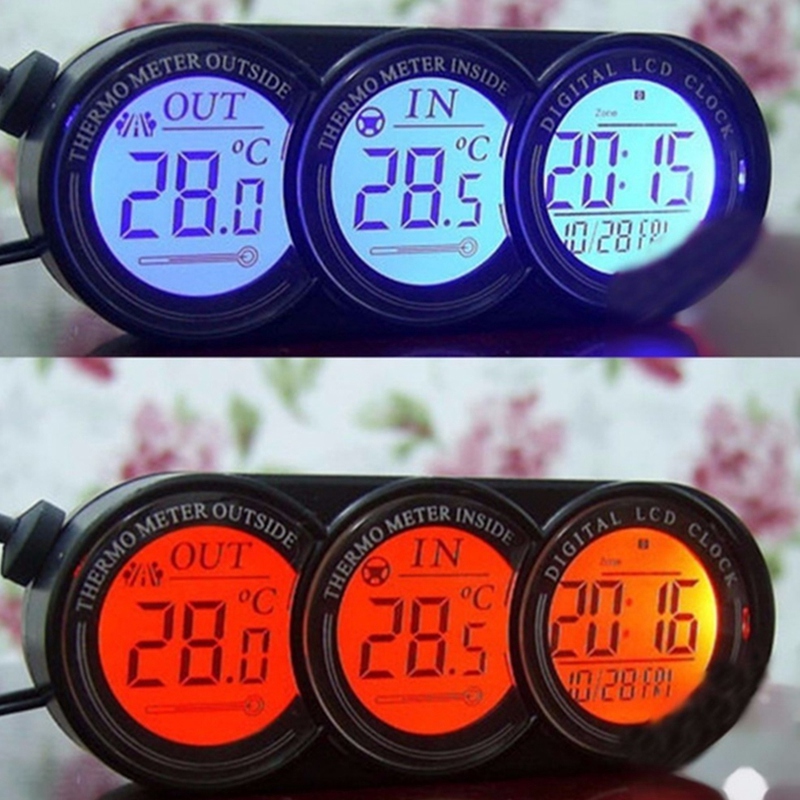 12V-24V 3 In 1 自動車 LCD デジタル内側外側時計温度温度計ゲージ