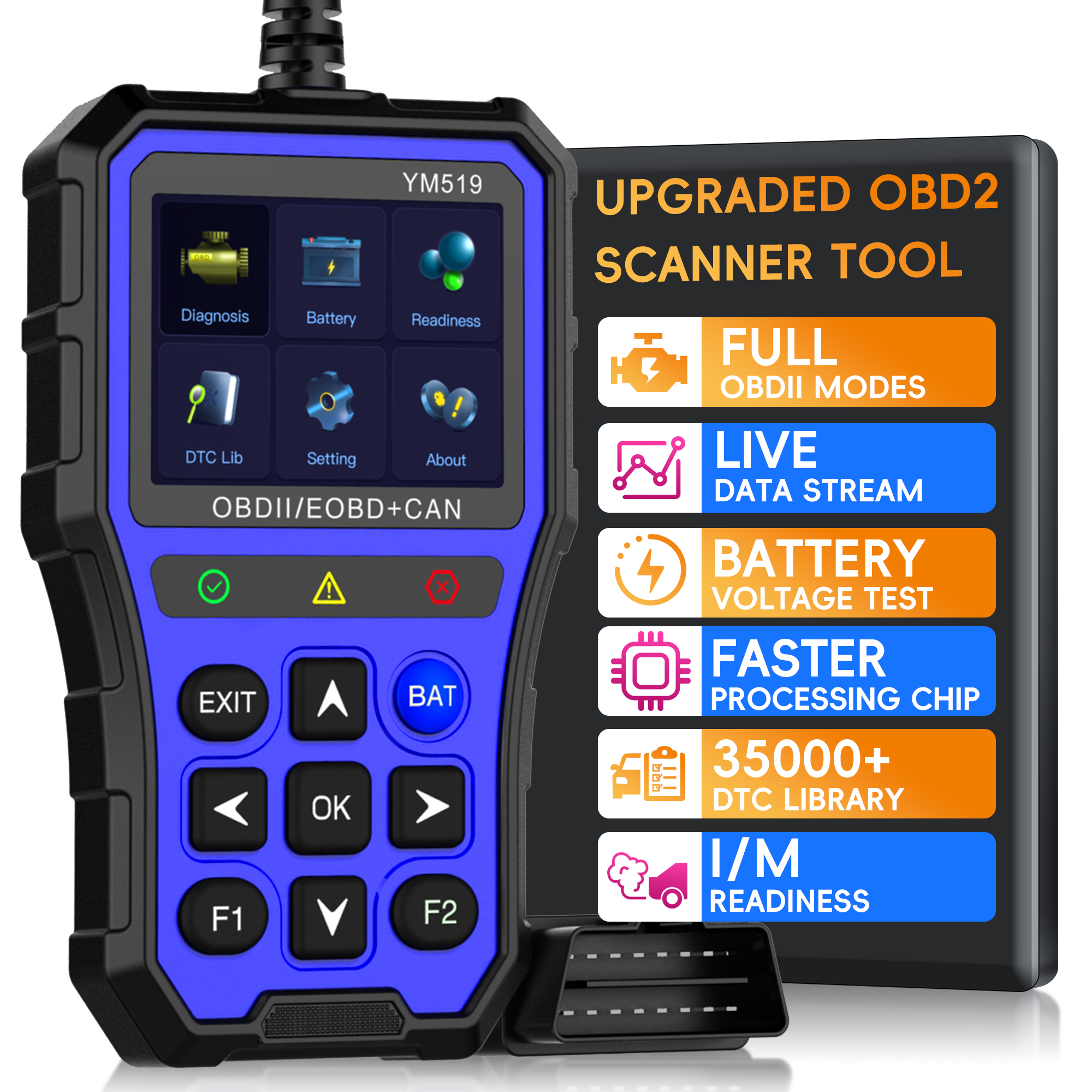 OBD2スキャナー診断ツール、チェックエンジンライトリーダー付きカーコードリーダー、ライブデータ、I/M準備状況、バッテリー電圧テスト