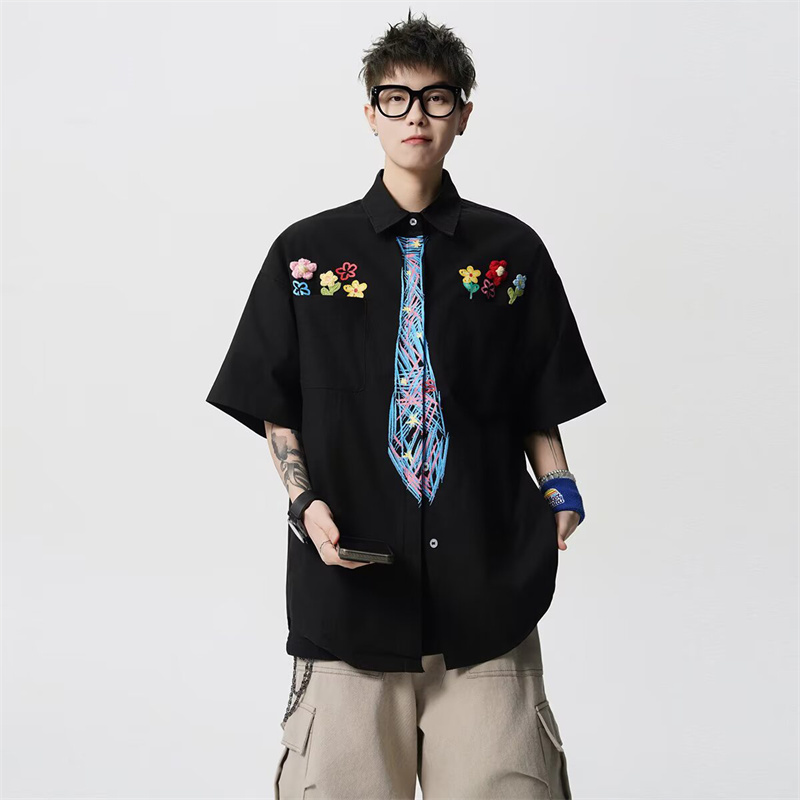 2026 夏の落書きネクタイ花グラフィックシャツ男性ストリートファッションカジュアルプリント Tシャツ Y2K プレッピー若々しいヒップホップトップス