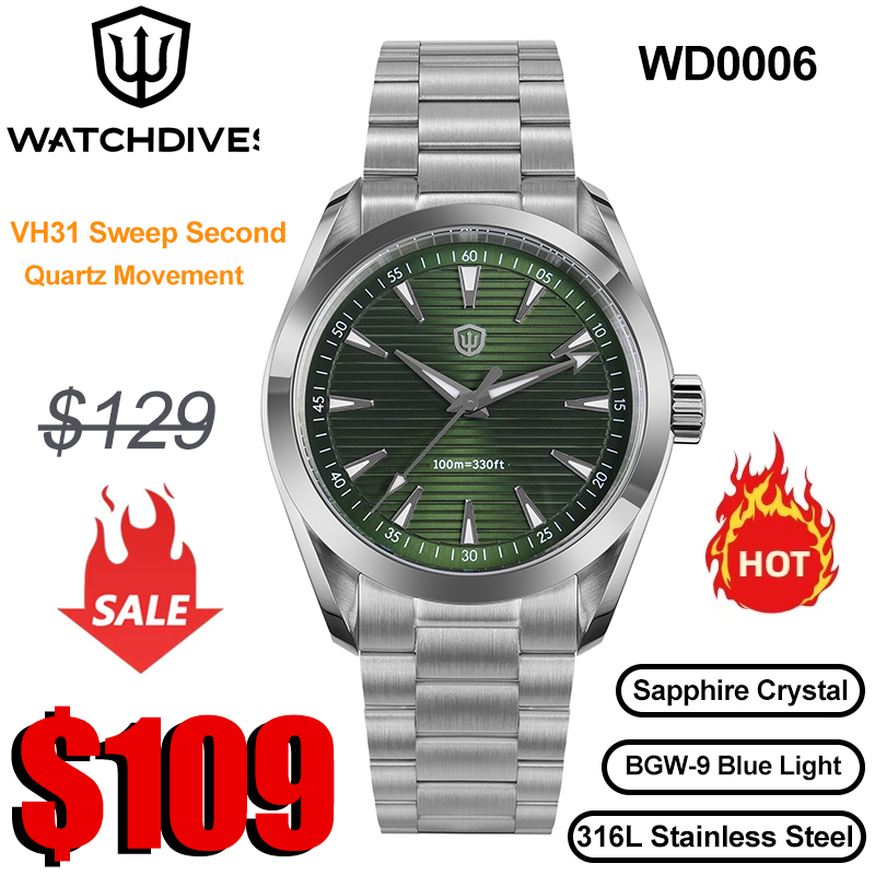 Watchdives WD0006 腕時計 VH31 スイープセコンドムーブメント ドーム型サファイアクリスタル BGW9 発光 10Bar 防水 38mm ヴィンテージ時計