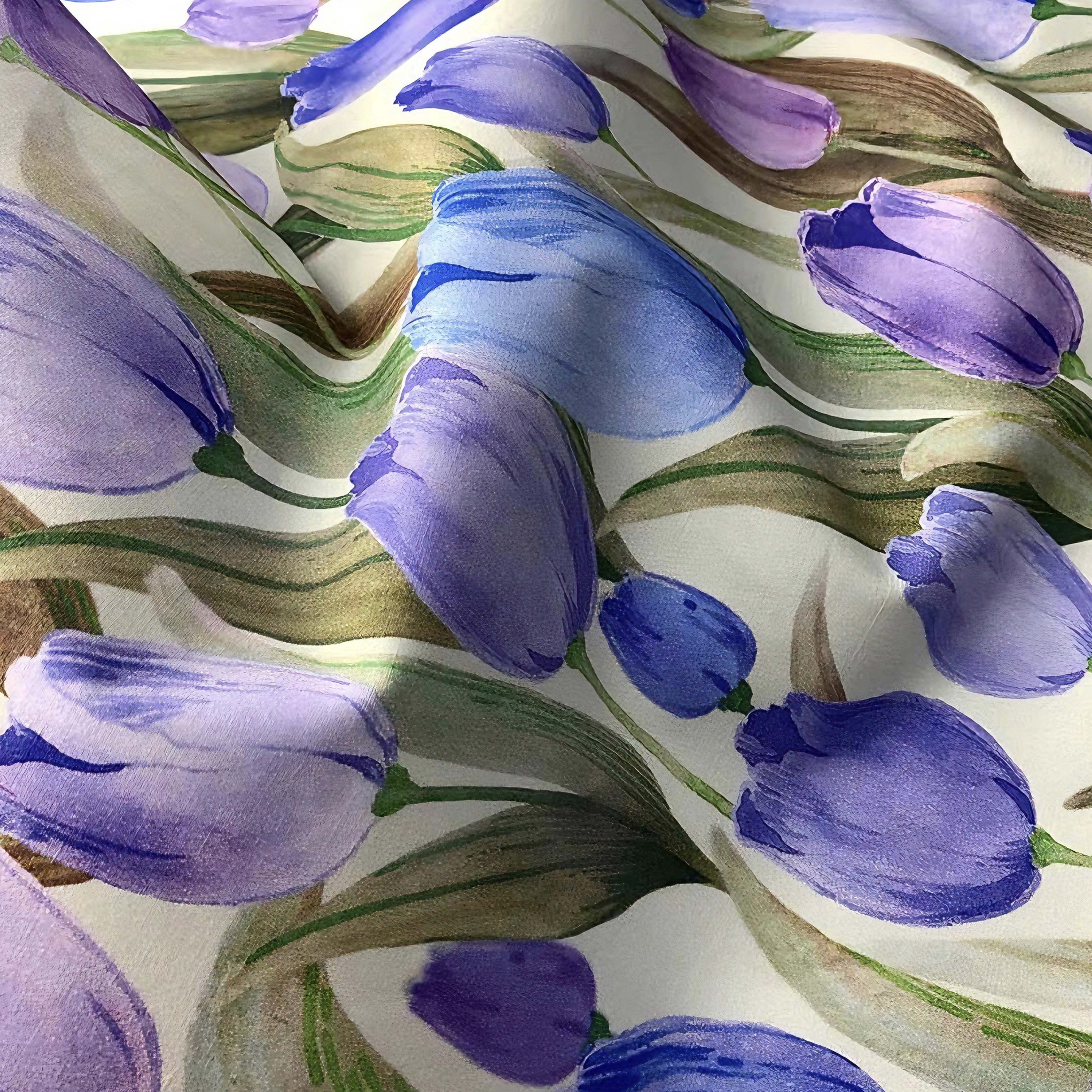 高品質のコットン生地、ラベンダーとブルーの芸術的な手描きのチューリッププリント - ファッションアパレルや家庭に最適