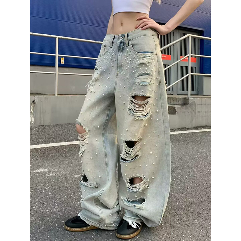 女性のファッションハイストリート破壊ジーンズパンツ真珠ルーズフィットバイブスタイルヒップホップデニムパンツ破れたジーンズと穴