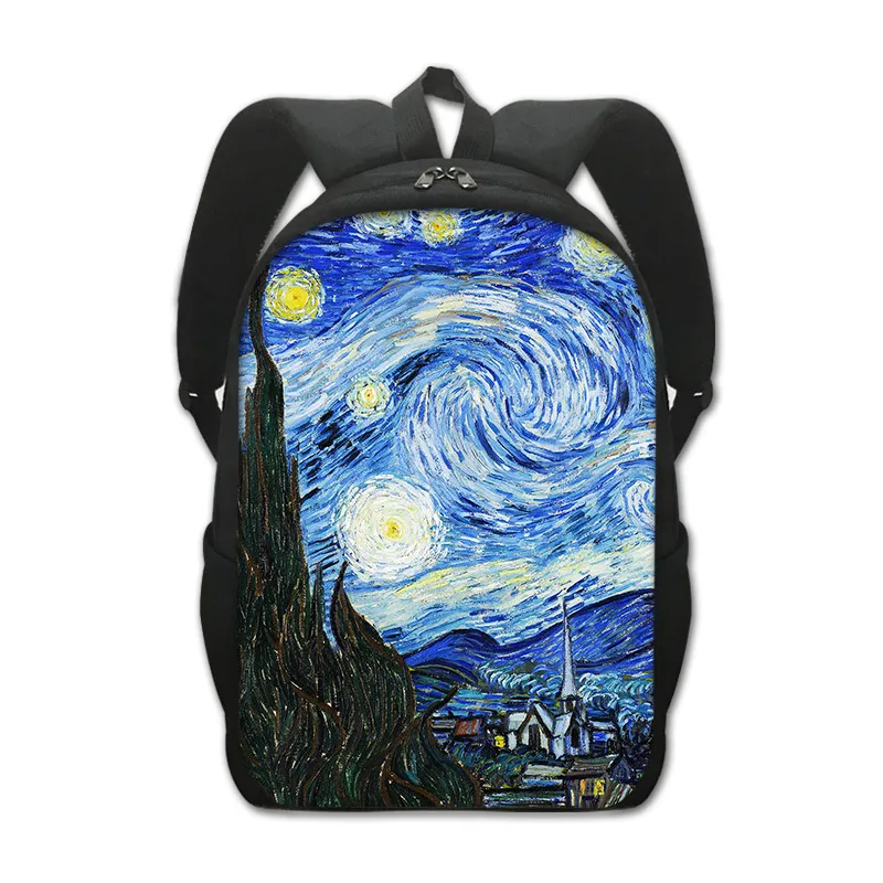 星空ひまわりキス油絵バックパックゴッホモネクリムトランドセル女性男性リュックサック学生ラップトップバックパック