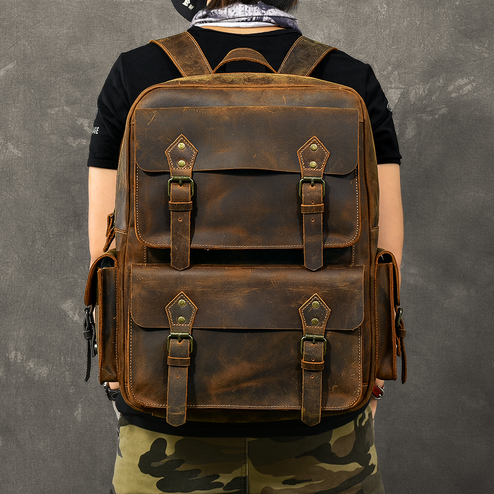 ヴィンテージクレイジーホース本革バックパック男性 Bagpack 牛革ハイキングバックパック 17 "ラップトップバッグ男性旅行リュックサック大 M815