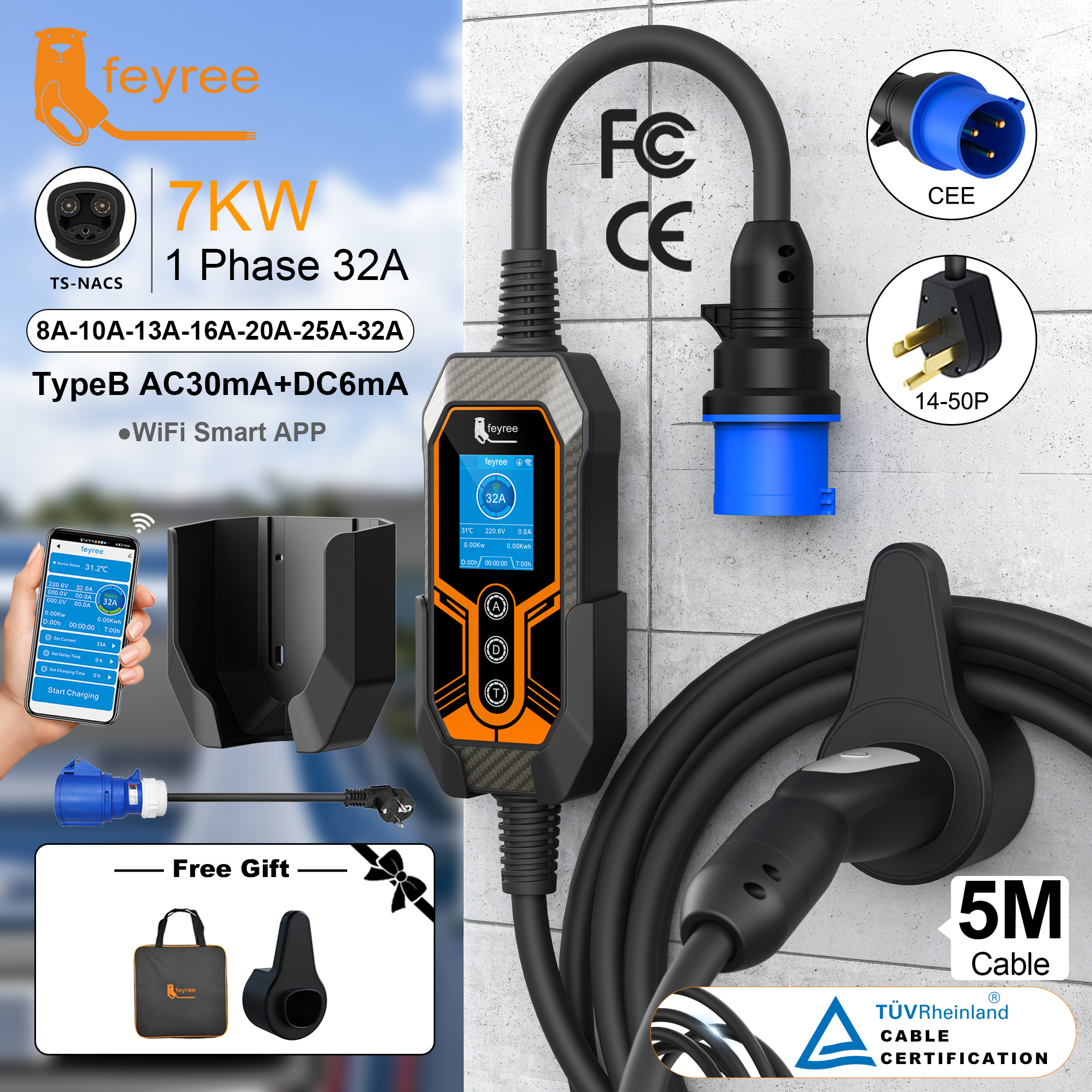 Feyree EV 充電器 TS-NACS ソケット 32A 7KW アプリ制御 EVSE ポータブル充電器ボックスホルダーアダプターギフト テスラ車モデル 3/Y/S/X