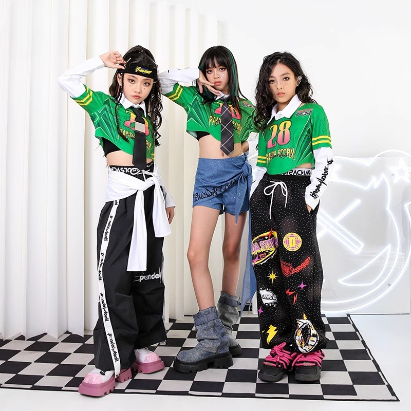 女の子ヒップホップ服グリーンクロップトップだぶだぶのパンツファッションジャズダンス衣装セットグループストリート衣装男の子ステージ着用スーツ