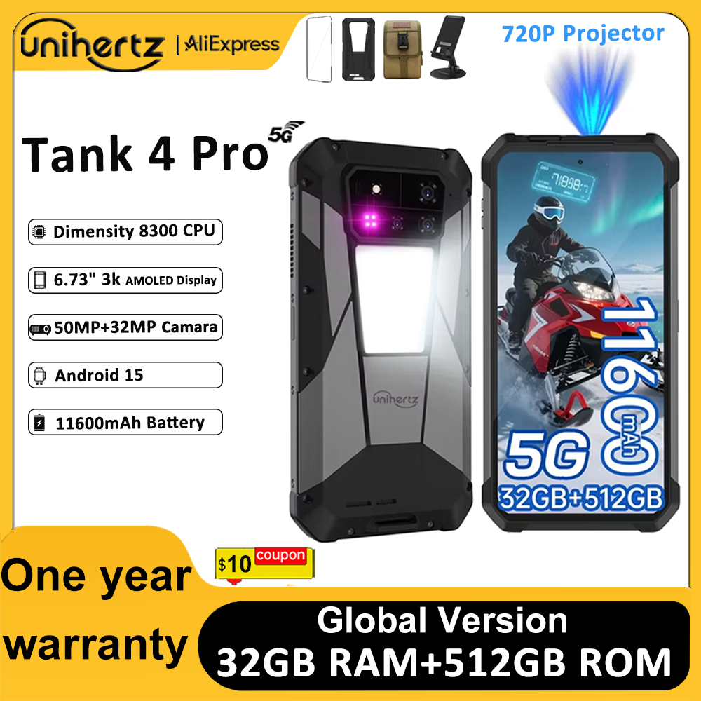 Unihertz by 8849 Tank 4 pro 5G AI 頑丈な電話機内蔵 720P プロジェクター寸法 8300 512GB/1TB ROM 3k AMOLED 11600mAh IP68/IP69