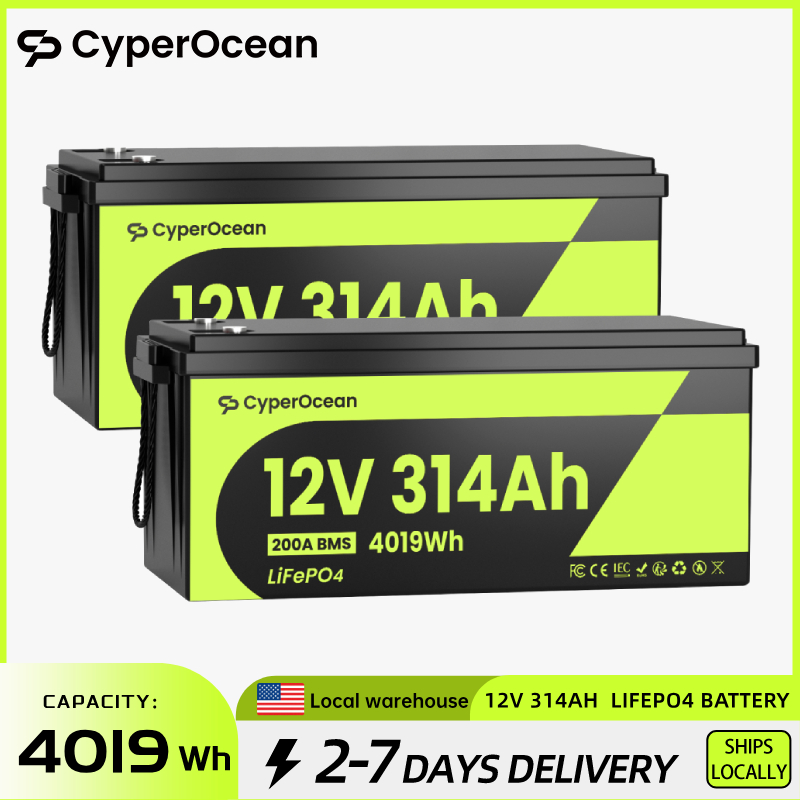 CyperOcean 2 パック 12V 314Ah LiFePO4 リチウムリン酸鉄バッテリー、内蔵 200A BMS、バックアップ電源家庭用エネルギー貯蔵用