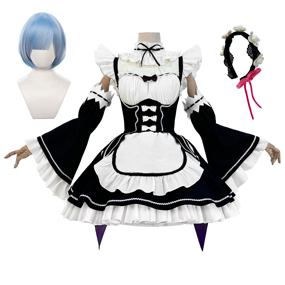 HOLOUN ゼロアニメレムコスプレ衣装ウィッグロリータメイドドレスブラックホワイトハロウィンクリスマス