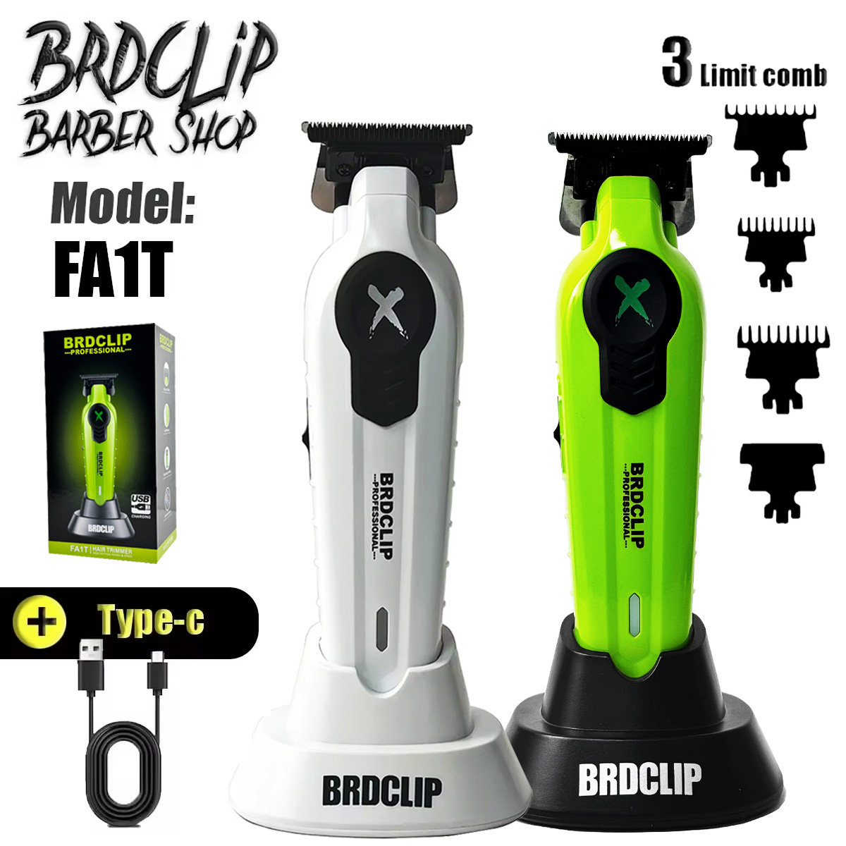 新 2026 BRDCLIP FA1T グリーンプロフェッショナルヘアトリマー理髪彫刻グラデーション仕上げ機電動バリカン充電器スタンド付き