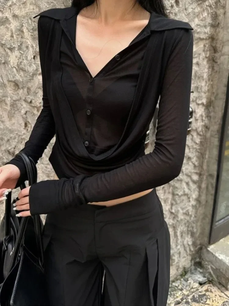 2025 2 ブラウス女性服 V ネック長袖チュニック気質トップス Camisas デ Mujer 2025 シースルーセクシーなブラウスシャツ