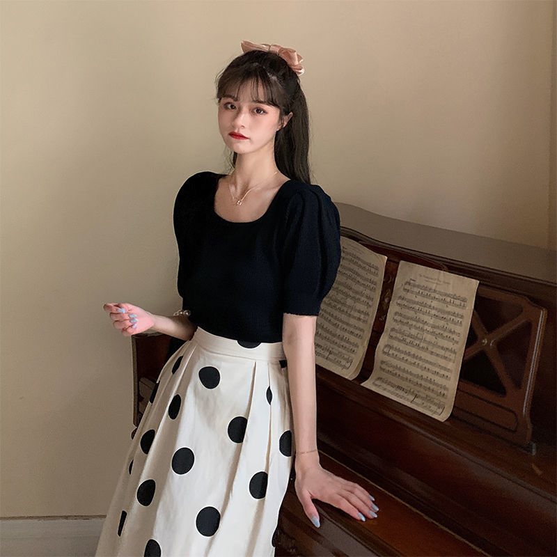 ハイウエスト水玉ホルターネックミニドレス黒の Tシャツ女性の夏のファッションセットカジュアルエレガントなスタイル長袖ドレス