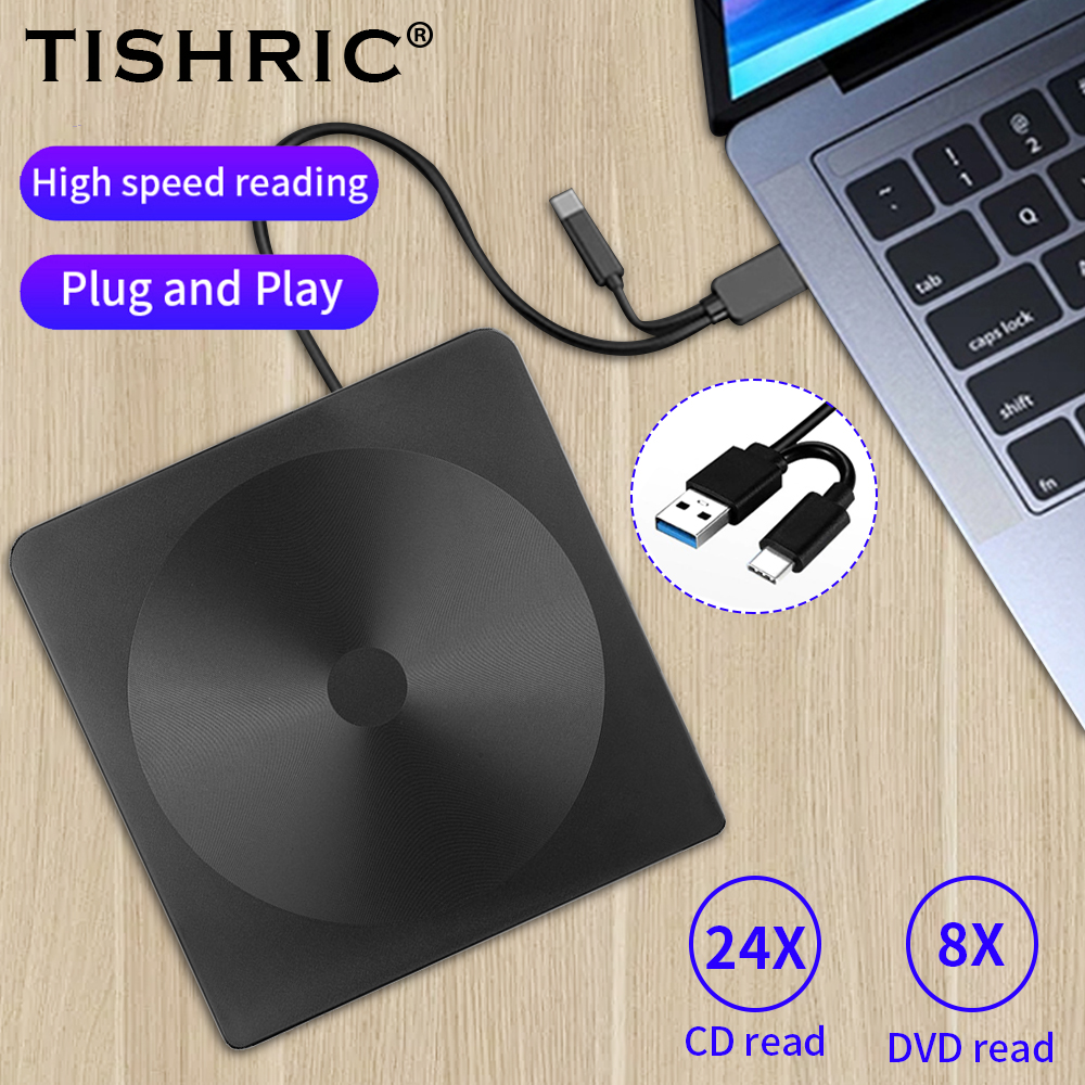 TISHRIC USB 外部 DVD ドライブ CD プレーヤーリーダー DVD-ROM CD-ROM USB3.0/USB2.0/タイプ C 外部 DVD プレーヤー PC デスクトップコンピュータ用