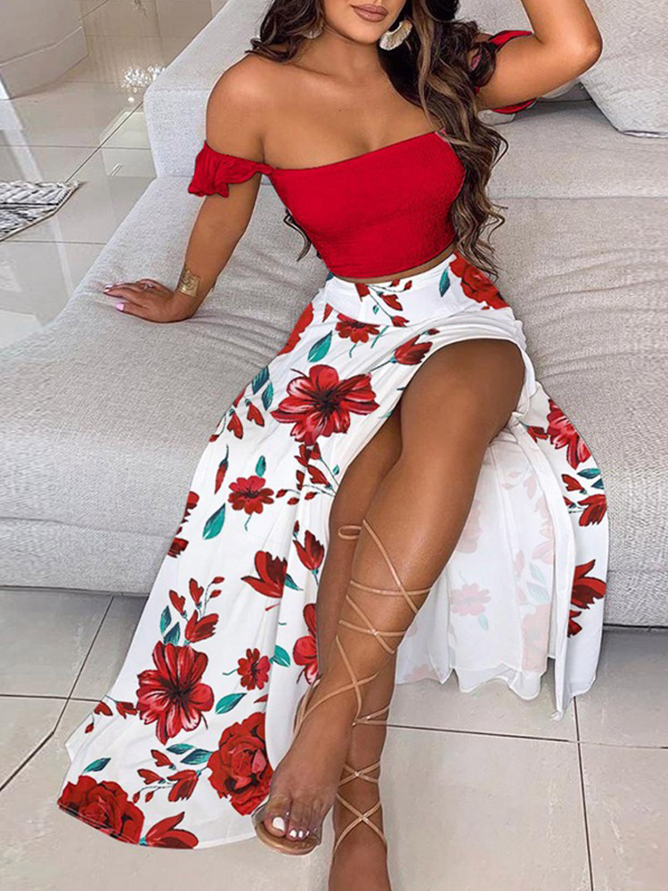 ファッショナブルなボヘミアン 2 点セット女性のオフショルダー弾性ソリッドカラーベスト花柄ハイウエストスリットスカートセット