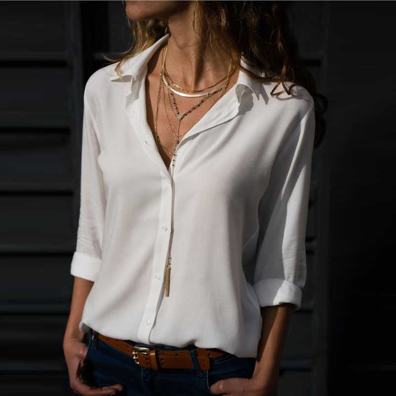 新しい長袖女性シャツブラウス白黒ターンダウン襟シフォンシャツブラウス女性トップスシャツ Blusas パラ Mujer Q5601