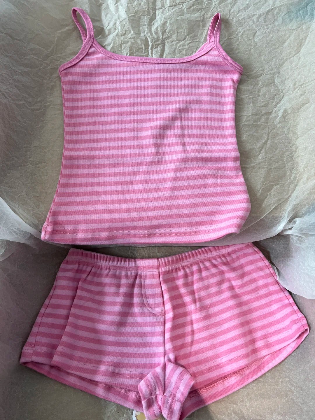 かわいいピンクのストライプのショーツセット女性の夏のノースリーブ作物タンクトップ 3 ボタンショーツ甘いかわいいホーム居心地の良いスリム 2 点セット