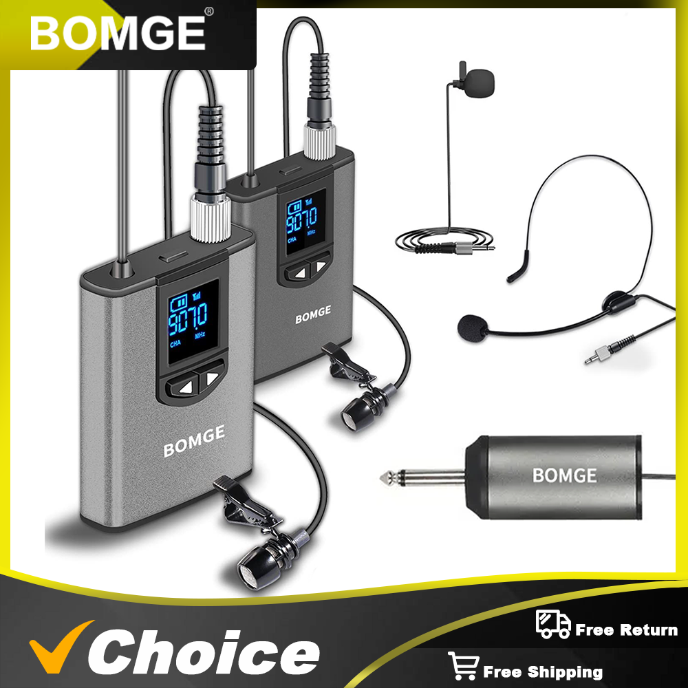 BOMGE デュアルワイヤレスマイクシステム ヘッドセットマイク/スタンドマイク/ラベリアラペルマイク 充電式ボディパック送信機付き