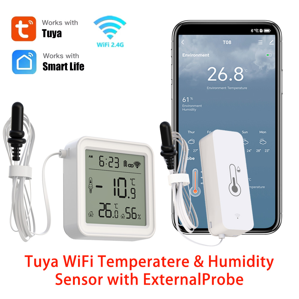 Tuya WiFi 温度湿度センサー、リモート監視用の外部プローブ湿度計付き、Alexa Yandex SmartLife と連携
