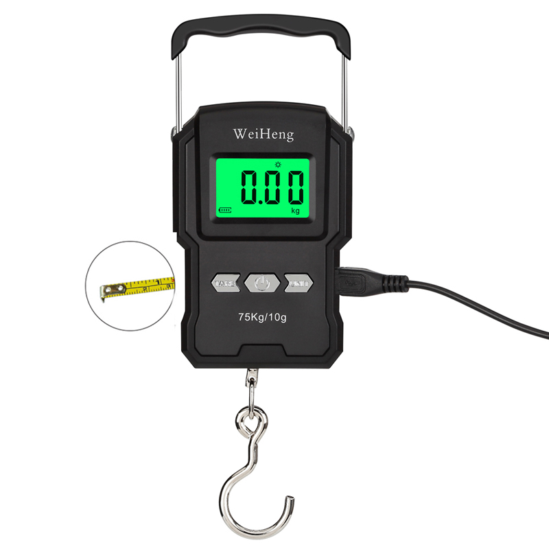 ブラック電子計量デジタルスケール充電式LCD 75Kg 10g荷物スケール吊り下げフック釣りスケール測定テープ付き