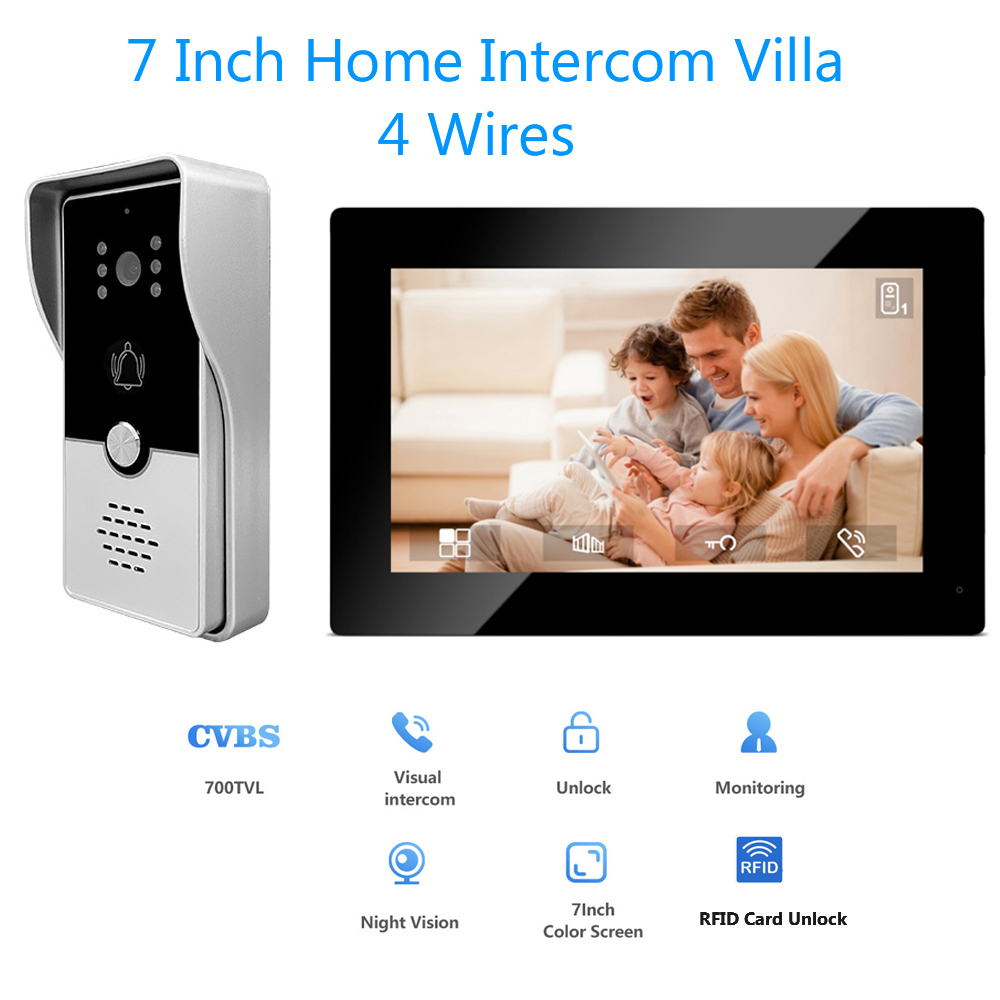 4 有線ビデオインターホンシステム RFID ロック解除カメラドアベル 7 インチスクリーンナイトビジョンホームドアベルヴィラ M72T 用