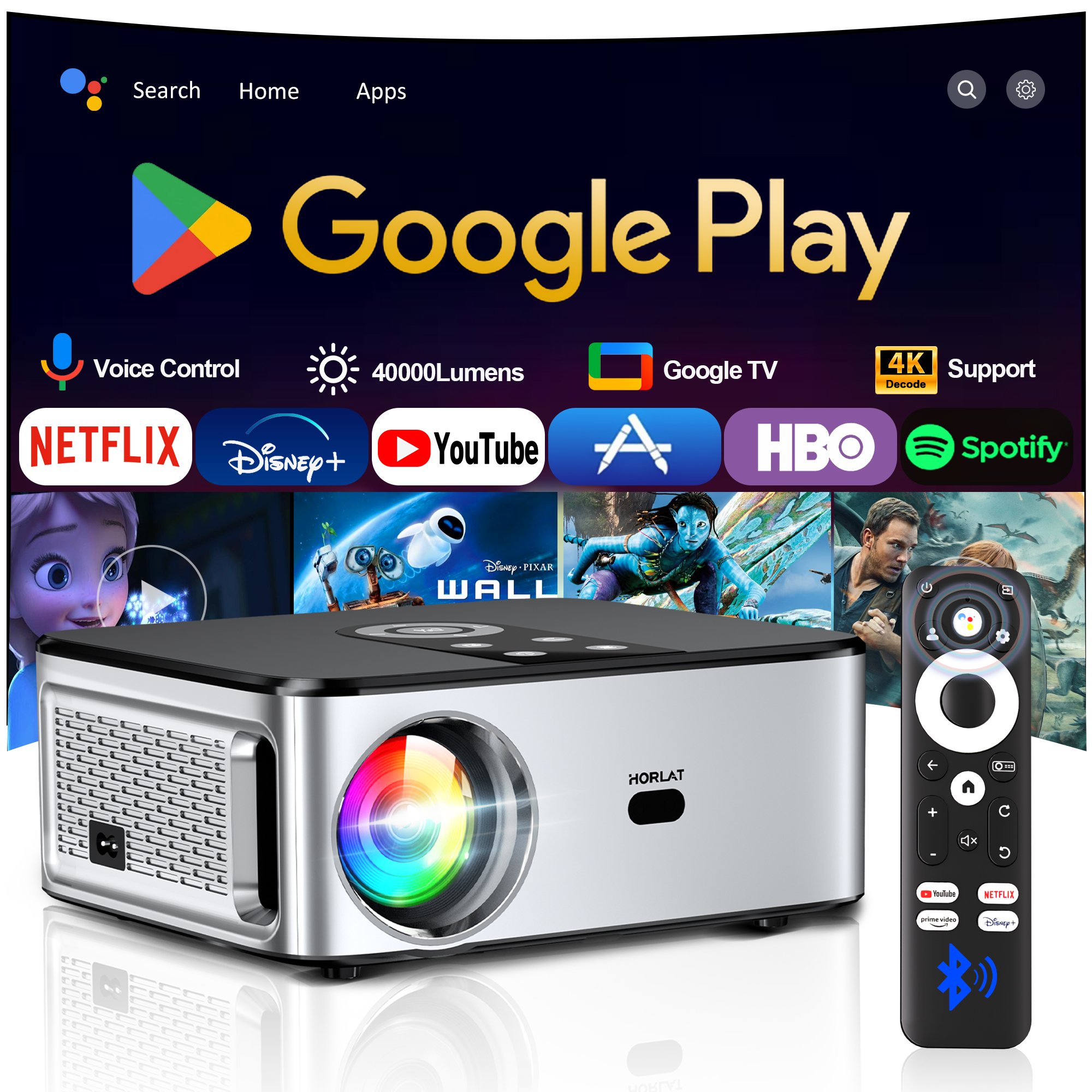 HORLAT 公式 Google TV プロジェクター 2000ANSI Bluetooth 音声制御オートフォーカス WiFi 6 4K HD ビーマーホームシアター映画プロジェクター