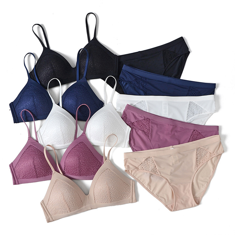 シームレスなソフトカップガールズブラジャーレースカップ付き薄型貧乳ブラジャーとパンティーセットワイヤレス下着女性ランジェリー SML