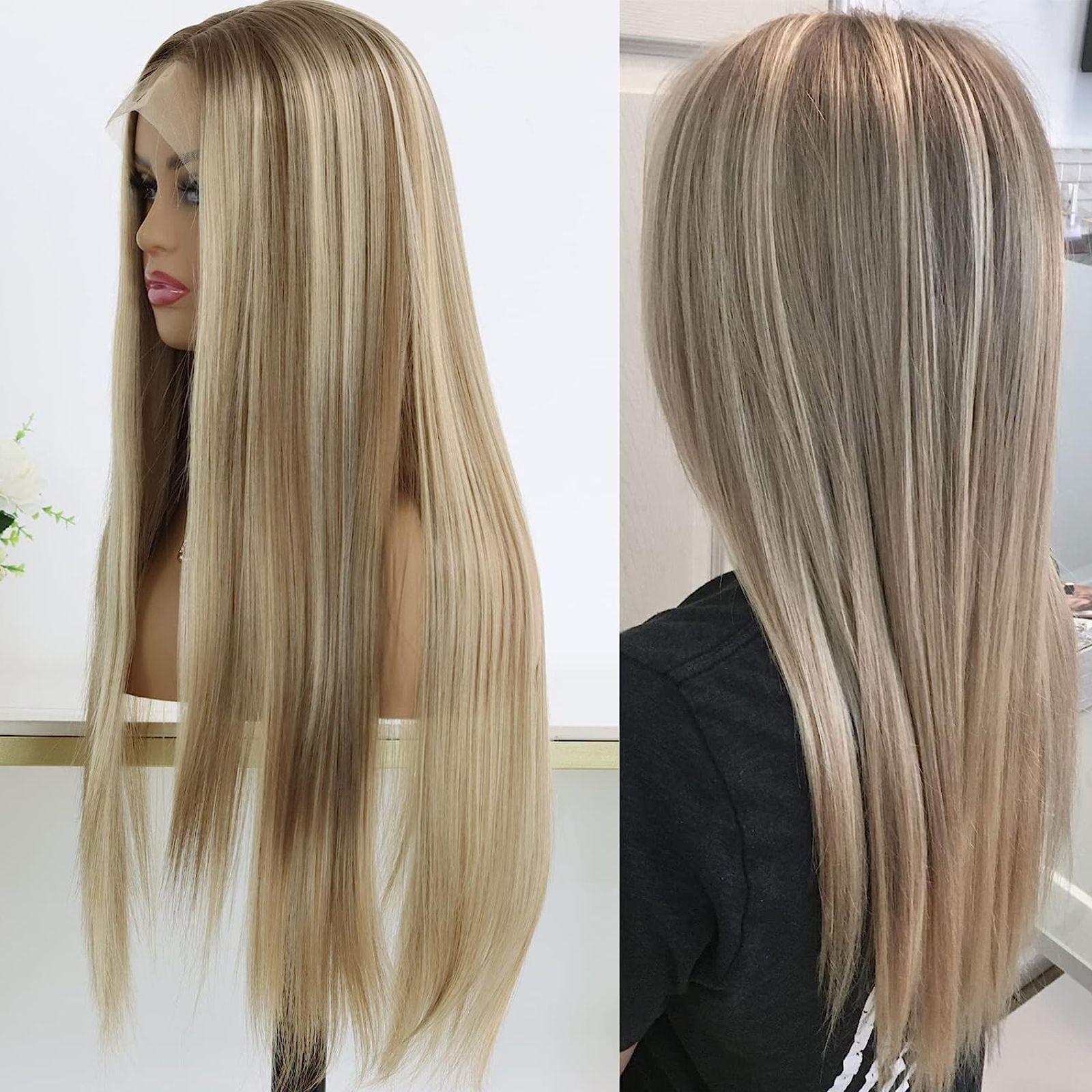 ハイライトハニーブロンド 13 × 4 レースフロント合成かつら女性のためのロングストレートオンブルブラウンミックスブロンドレースフロントウィッグ女性のための